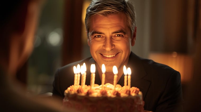 George Clooney dający tort urodzinowy