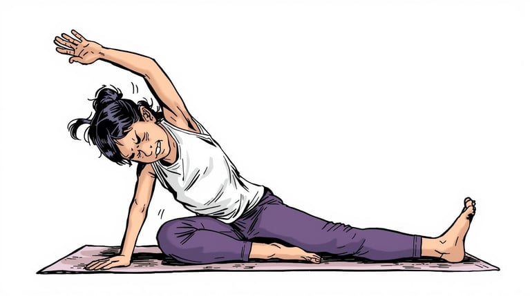 stwórz obraz przedstawiający dziewczynę ćwiczącą joga, sztywną, mało rozciągniętą, wygladającą że jest jej cięzko. użyj kolorów biało-czarny-fioletowy, styl komiksowy