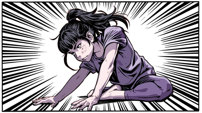 stwórz obraz przedstawiający dziewczynę ćwiczącą joga, sztywną, mało rozciągniętą. użyj kolorów biało-czarny-fioletowy, styl komiksowy (1)