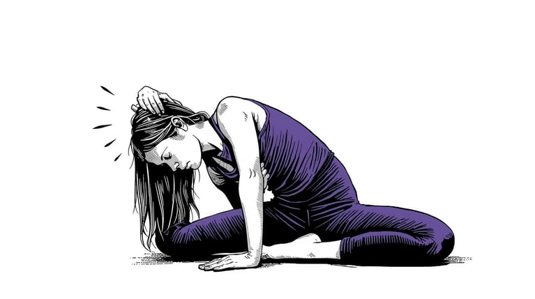 stwórz obraz przedstawiający dziewczynę ćwiczącą joga, sztywną, mało rozciągniętą. użyj kolorów biało-czarny-fioletowy, styl komiksowy