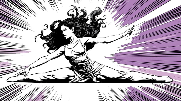 stwórz obraz przedstawiający dziewczynę robiącą szpagat. użyj kolorów biało-czarny-fioletowy, styl komiksowy (1)