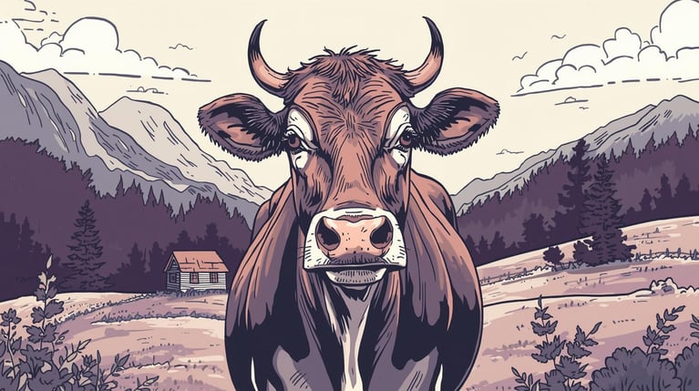 stwórz grafikę przedstawiającą szczęśliwą krowę w szwajcarii. krowa ma być brązowa albo szara. kolory biało-czarny- fioletowy, styl bardzo komiksowy, więcej przerysowania, więcej spokoju i stonowania (3)