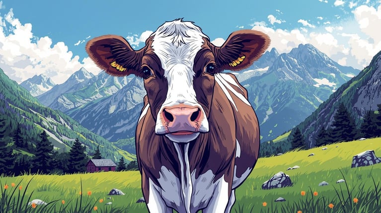 stwórz grafikę przedstawiającą szczęśliwą młodą krowę w szwajcarii. krowa ma być brązowa albo szara. kolory biało-czarny- fioletowy, styl  komiksowy (1)
