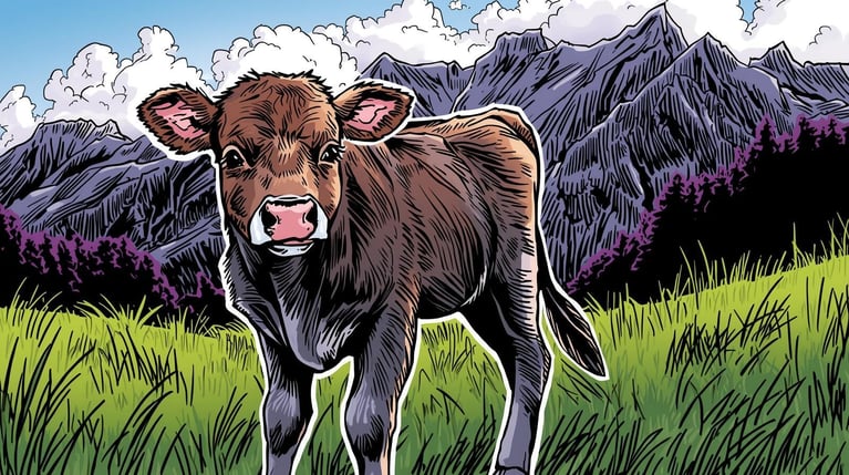 stwórz grafikę przedstawiającą szczęśliwą młodą krowę w szwajcarii. krowa ma być brązowa albo szara. kolory biało-czarny- fioletowy, styl komiksowy