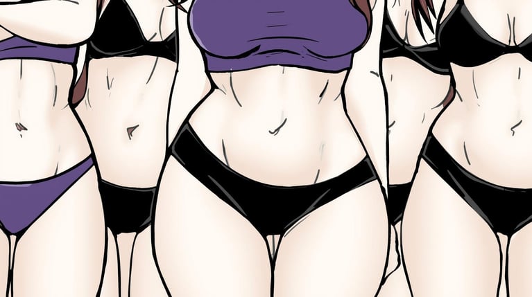 stwórz grafikę przedstawiającą kobiece brzuchy. kolory biało-czarny- fioletowy, styl komiksowy, spokój i stonowanie