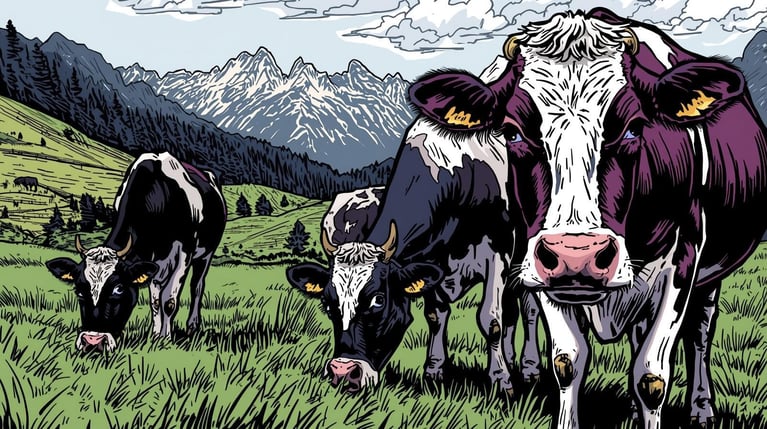 stwórz grafikę przedstawiającą krowy w szwajcarii. kolory biało-czarny- fioletowy, styl komiksowy (1)