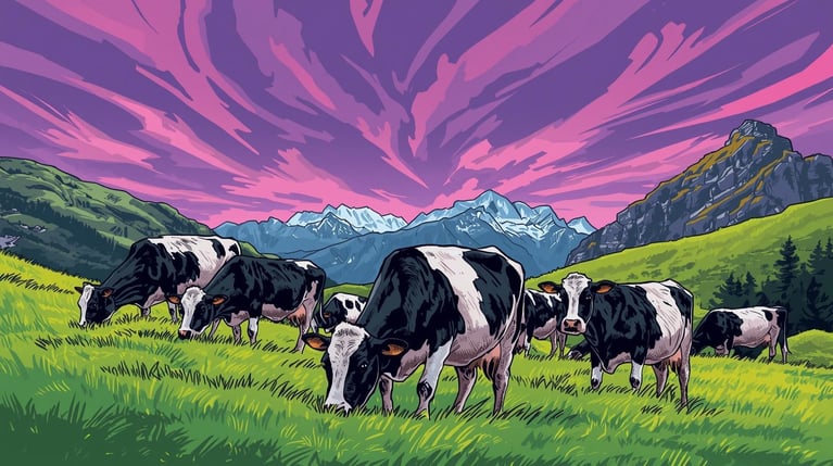 stwórz grafikę przedstawiającą krowy w szwajcarii. kolory biało-czarny- fioletowy, styl komiksowy (2)