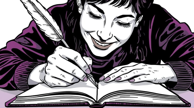 stwórz grafikę przedstawiającą osobę piszącą gesim piórem. kolory biało-czarny- fioletowy, styl  komiksowy, spokojny i radosny