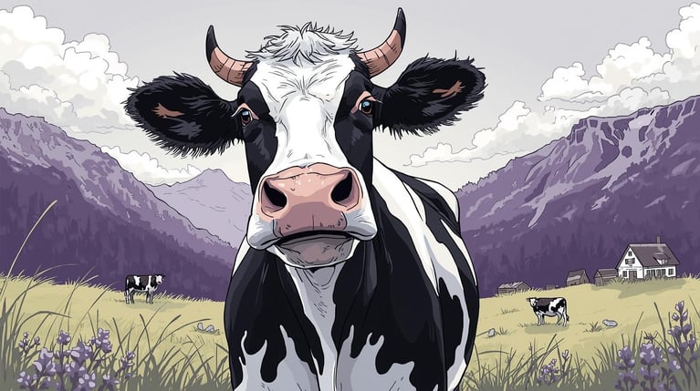 stwórz grafikę przedstawiającą szczęśliwą krowę w szwajcari. kolory biało-czarny- fioletowy, styl bardzo komiksowy, więcej przerysowania, więcej spokoju i stonowania (1)