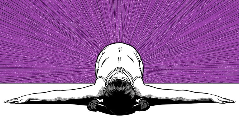 stwórz obraz przedstawiający dziewczynę leżąca na podłodze i robiącą skręty w jodze, plecy leżą na podłodze. użyj kolorów biało-czarny-fioletowy, styl komiksowy.