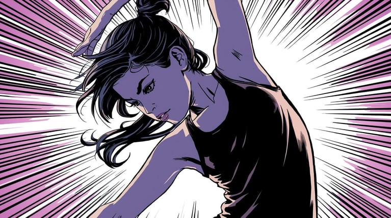 stwórz obraz przedstawiający dziewczynę robiącą skręty w jodze. użyj kolorów biało-czarny-fioletowy, styl komiksowy. (1)