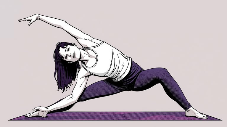 stwórz obraz przedstawiający dziewczynę robiącą skręty w jodze. użyj kolorów biało-czarny-fioletowy, styl komiksowy.