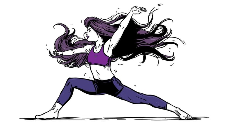 stwórz obraz przedstawiający dziewczynę wykonującą pozycję z jogi. użyj kolorów biało-czarny-fioletowy, styl komiksowy (1)