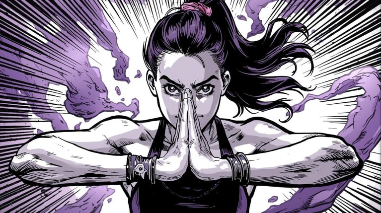 stwórz obraz przedstawiający dziewczynę wykonującą pozycje z jogi. użyj kolorów biało-czarny-fioletowy, styl komiksowy,