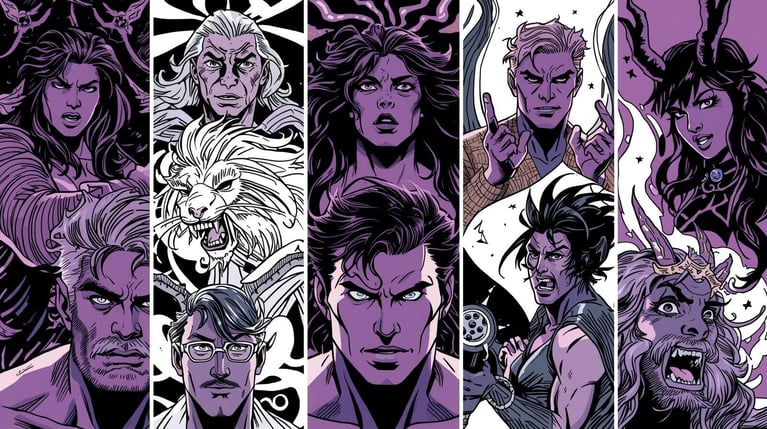 stwórz obraz przedstawiający znaki zodiaku. użyj kolorów biało-czarny-fioletowy, styl komiksowy (2)