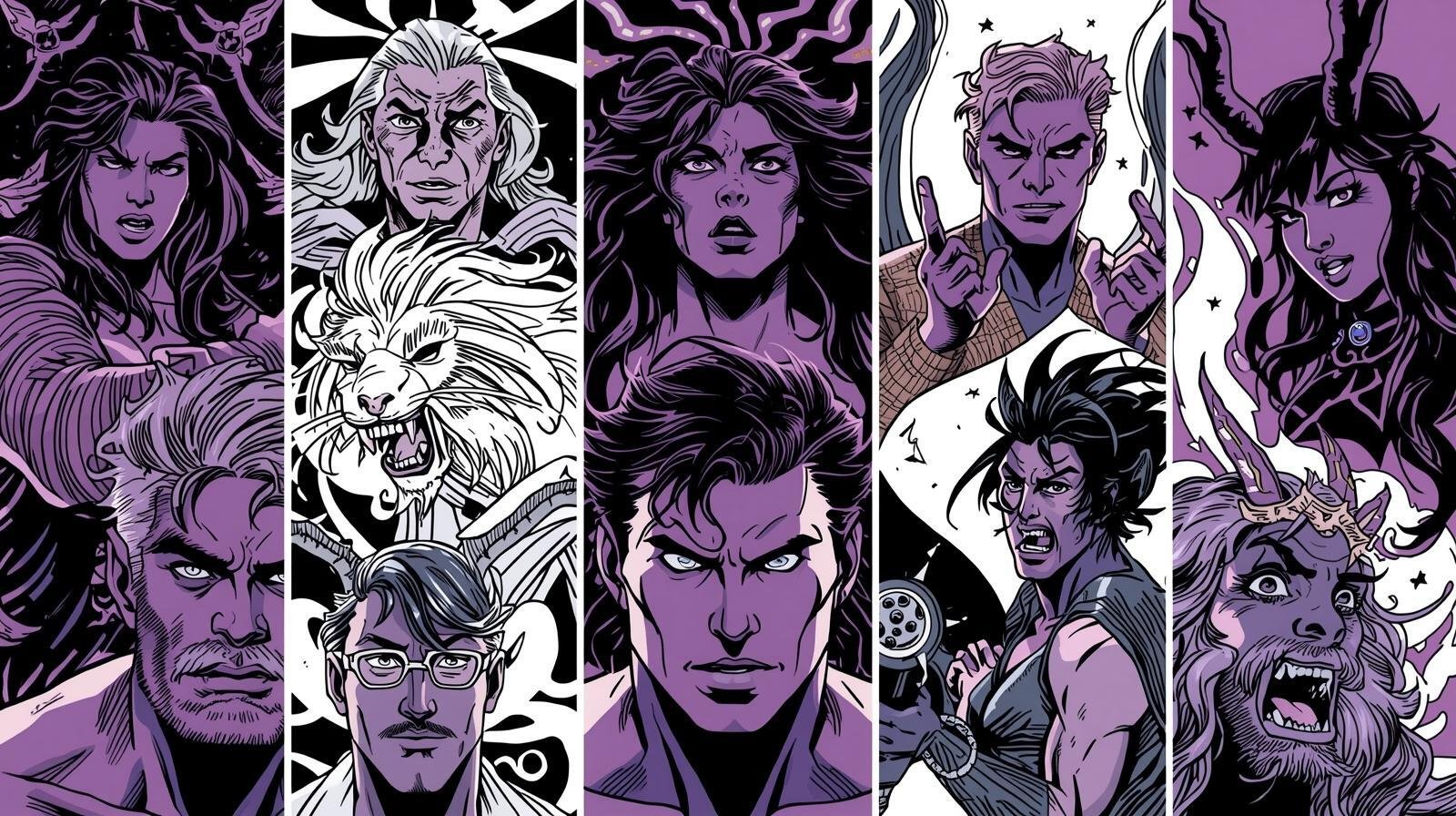 stwórz obraz przedstawiający znaki zodiaku. użyj kolorów biało-czarny-fioletowy, styl komiksowy (2)