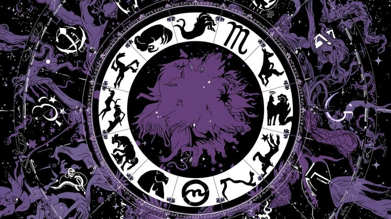 stwórz obraz przedstawiający znaki zodiaku. użyj kolorów biało-czarny-fioletowy, styl komiksowy. wstaw wszystkie 12 znaków