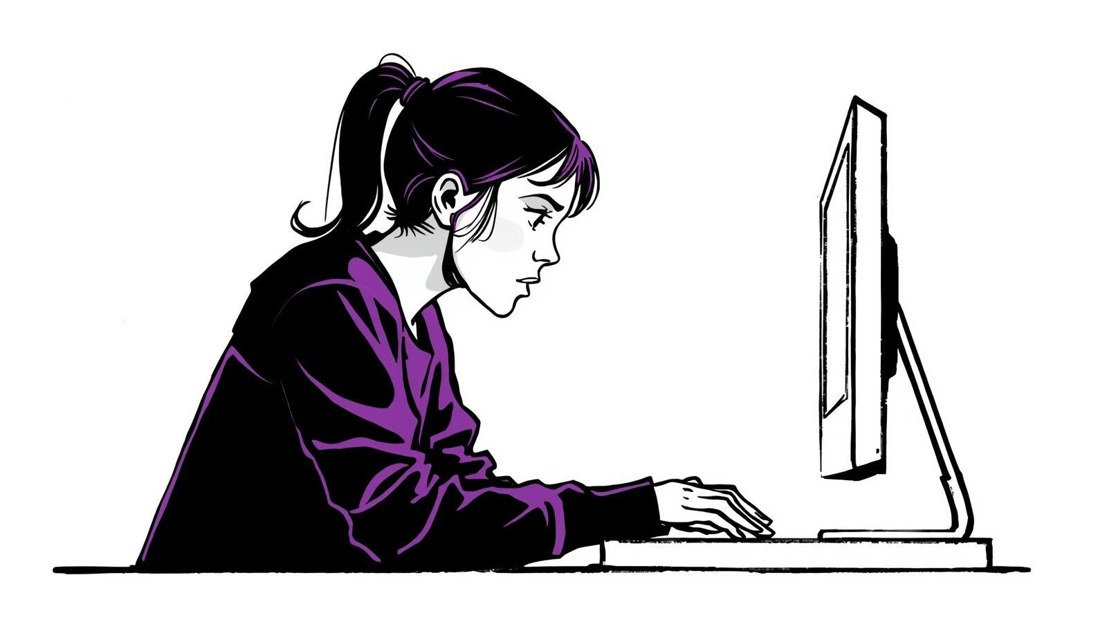 stwórz imiage w kolorach biało-czarno-fioletowych, przestawiający dziewczyne pracującą przy komputerze, mało elementów, komiksowy styl
