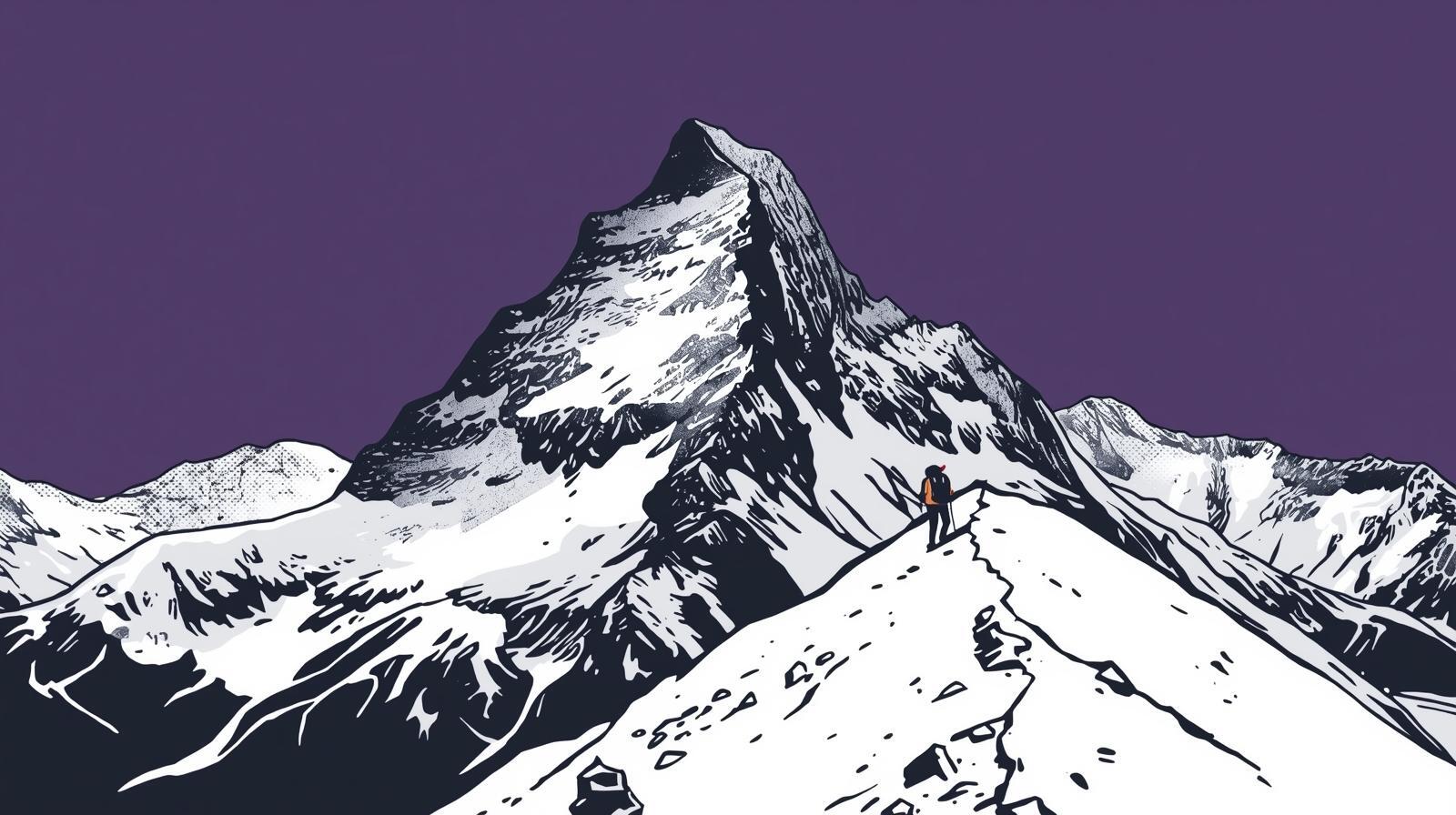 stwórz plakat przedstawiający w komiksowy sposób górskie wycieczki po szwajcarii, kolory biały, czarny fioletowy. bez napisów (1)