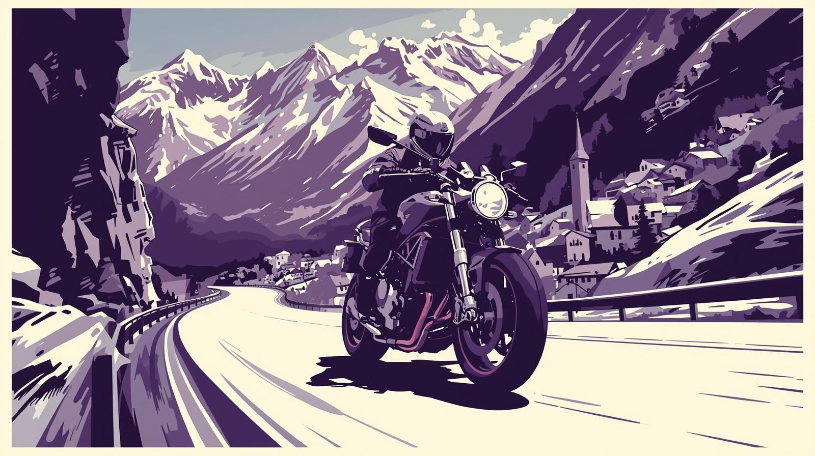 stwórz plakat przedstawiający w komiksowy sposób wycieczki na motorze po szwajcarii, kolory biały, czarny fioletowy. bez napisów (1)