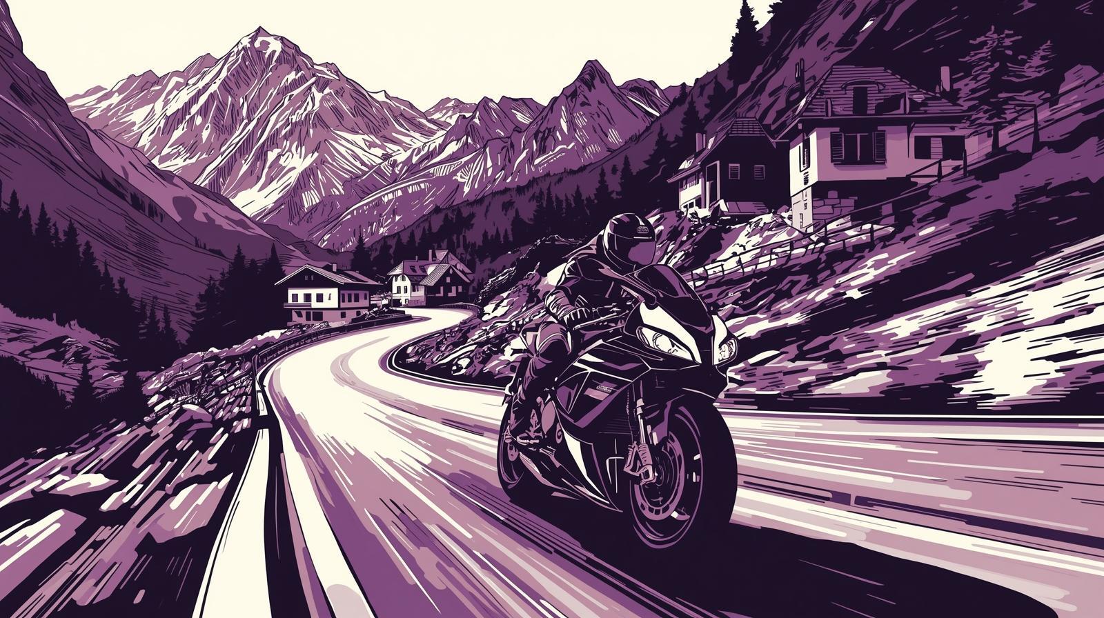 stwórz plakat przedstawiający w komiksowy sposób wycieczki na motorze po szwajcarii, kolory biały, czarny fioletowy. bez napisów (2)