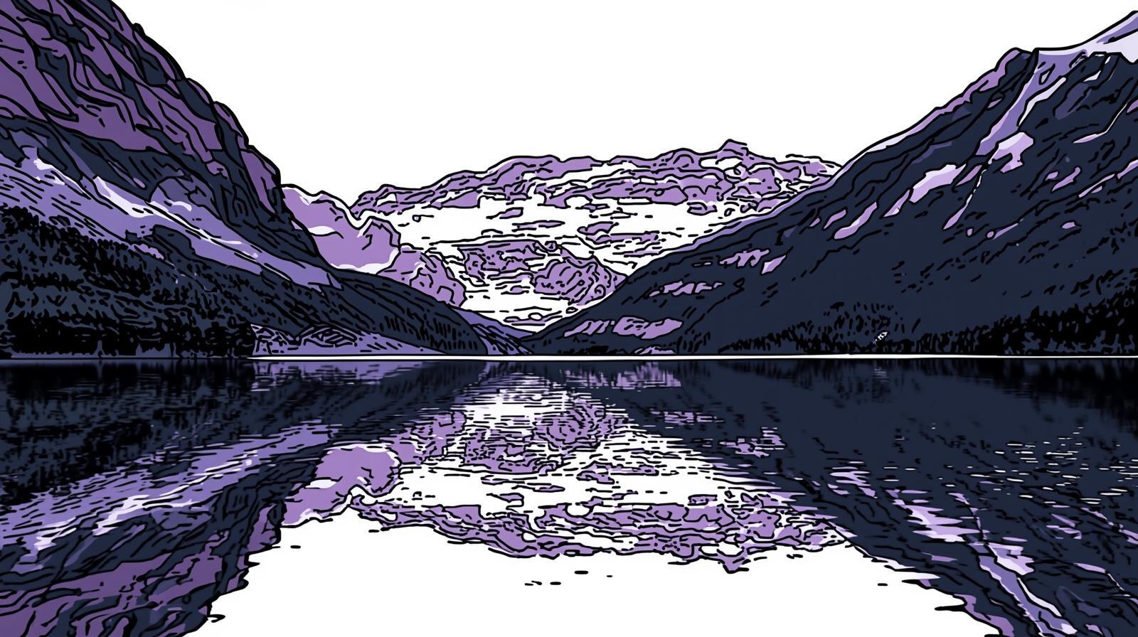 stwórz plakat przedstawiający w komiksowy sposób wycieczki nad jezioro po szwajcarii, kolory biały, czarny fioletowy. bez napisów (3)